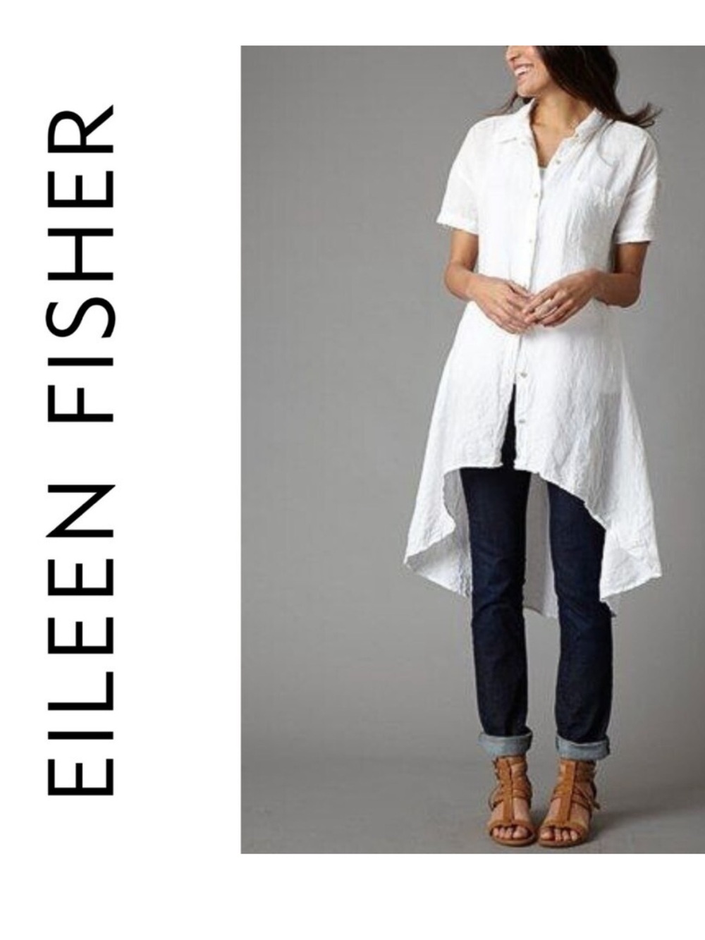 Eileen Fisher, Linen Short Sleeve Classic Collar Layering T-shirt Dress, White S